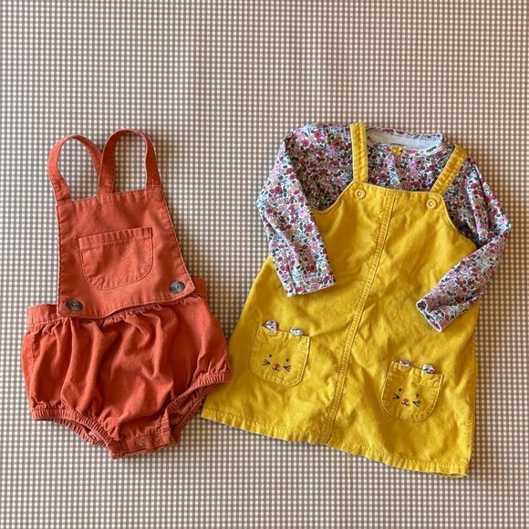 Carter’s Pinafore dress mouse pocket floral flowers + Orange romper.18 month - Picture 1 of 15